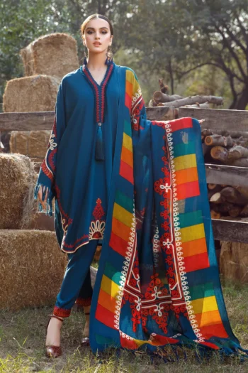 MARIA B 3PC KHADAR HEAVY EMBROIDERED WITH COUTURE PRINT SHAWL GC-3103