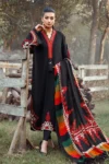 MARIA B 3PC KHADAR HEAVY EMBROIDERED WITH COUTURE PRINT SHAWL GC-BLACK