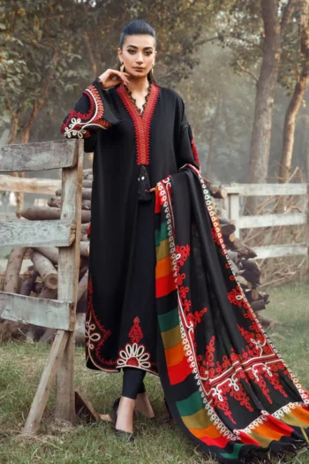 MARIA B 3PC KHADAR HEAVY EMBROIDERED WITH COUTURE PRINT SHAWL GC-BLACK