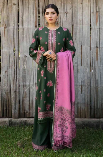 ZARA SHAHJAHAN 3PC KHADDAR EMBROIDERD SHIRT WITH WOOL PRINTED SHAWL AND TROUSER GC-1144