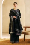 ZARA SHAH JAHAN 3PC DHANAK EMBROIDERED SHIRT DHANAK EMBROIDERED SHAWL AND TROUSER GC-3140 BLACK