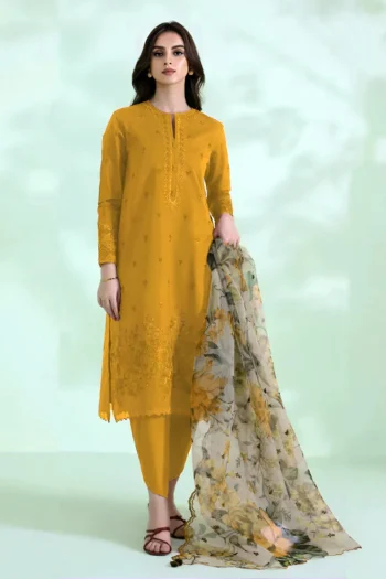 SAPPHIRE 3PC LAWN EMBROIDERED SHIRT WITH MONARK PRINT DUPATTA GC-3526-MASTARD