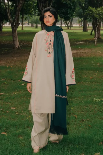 ZAHRA SHAHJAHAN 3PC DHANAK EMBROIDERED SHIRT WITH DHANAK EMBROIDERED SHAWL AND TROUSER GC-1224
