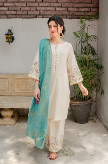 ASLING 3PC DHANAK EMBROIDERED SHIRT WITH COUTURE WOOL PRINT SHAWL AND TROUSER GC-3116