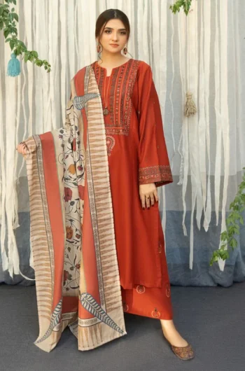 URGE 3PC DHANAK EMBROIDERED SHIRT WITH COUTURE WOOL PRINT SHAWL AND TROUSER GC-2692