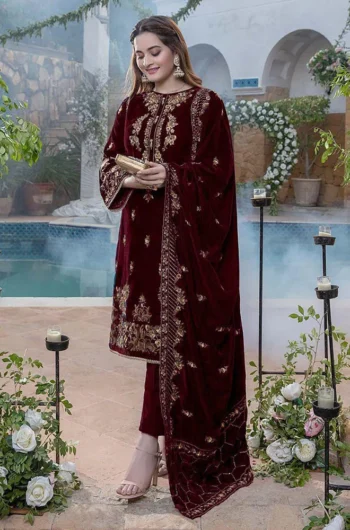 Azure  3PC Velvet Heavy Embroidered Shirt With Velvet Heavy Embroidered Shawl GC-5-B.9000.Micro