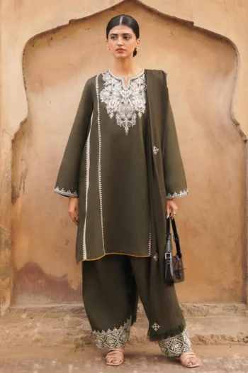 ZARA SHAH JAHAN 3PC DHANAK EMBROIDERED SHIRT WITH DHANAK EMBROIDERED SHAWL GC-1215