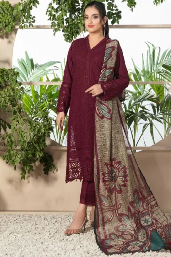 ZAINAB CHOTTANI 3PC CHIKANKAARI LAWN EMBROIDERED SHIRT WITH MONARK PRINT DUPATTA AND TROUSER GC-4052 MEHROON