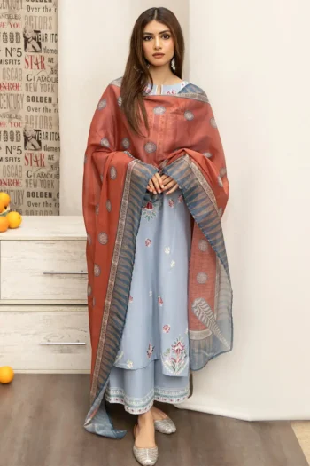 URGE 3PC DHANAK EMBROIDERED SHIRT WITH COUTURE WOOL PRINT SHAWL AND EMB TROUSER GC-3166