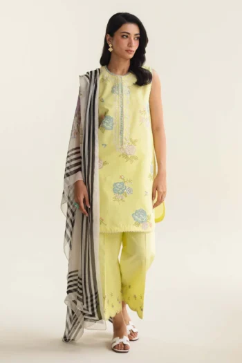 ZAHRA SHAHJAHAN 3PC LAWN EMBROIDERED SHIRT WITH DIAMOND PRINT DUPATTA GC-2852-LEMON