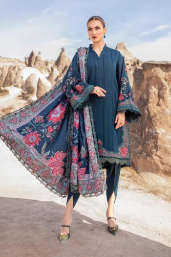 MARIA B 3PC DHANAK EMBROIDERED SHIRT WITH COUTURE PRINT SHAWL AND TROUSER GC-2640