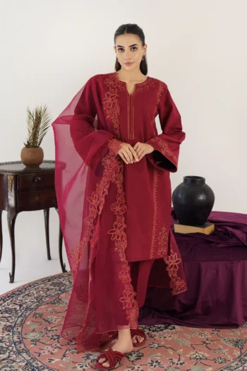 HANA 3PC KHADAR EMBROIDERED SHIRT WITH ORGANZA EMBROIDRED DUPATTA AND TROUSER GC- 3195