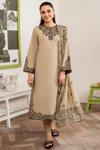 GARNET 3PC DHANAK EMBROIDERED SHIRT WITH COUTURE PRINT SHAWL AND TROUSER GC- 3155