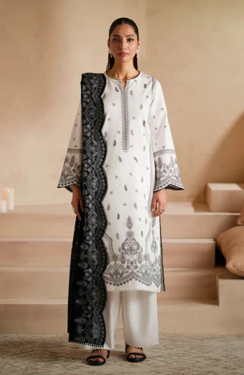 SERAN 3PC DHANAK EMBROIDERED SHIRT WITH DHA COUTURE WOOL PRINT SHAWL AND TROUSER GC-3163