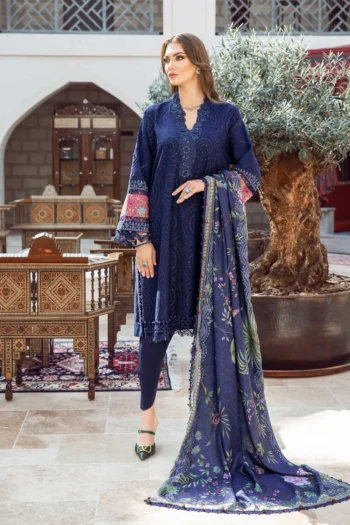 MARIA B 3PC DHANAK SEQUENCE EMBROIDERED SHIRT WITH WOOL PRINTED SHAWL AND TROUSER GC-3238