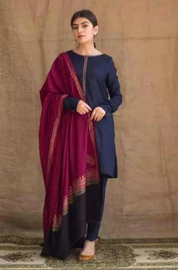 DYOT 3PC DHANAK EMBROIDERED SHIRT WITH WOOL PRINT SHAWL GC-3176