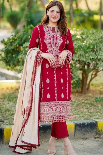 HANA 3PC DHANAK EMBROIDERED SHIRT WITH COUTURE PRINT SHAWL AND TROUSER GC- 3153