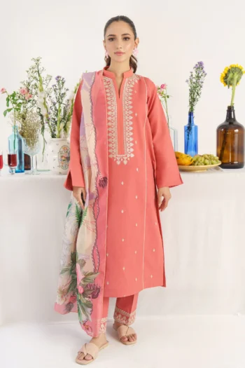 HANA 3PC KHADAR EMBROIDERED SHIRT WITH COUTURE PRINT SHAWL AND TROUSER GC- 3167