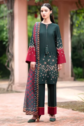 JAZMIN 3PC DHANAK EMBROIDRED SHIRT WITH WOOL PRINT SHAWL AND TROUSER GC-3288