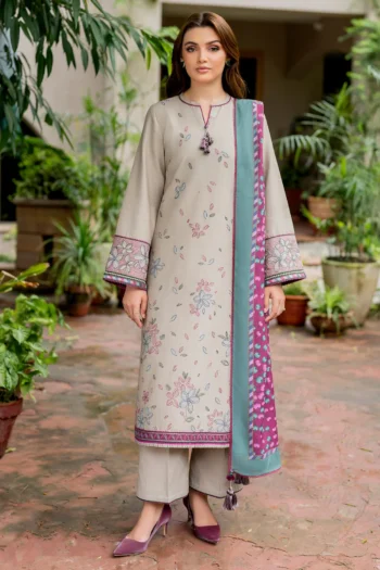 JAZMIN 3PC DHANAK EMBROIDRED SHIRT WITH WOOL PRINT SHAWL AND TROUSER GC-3281