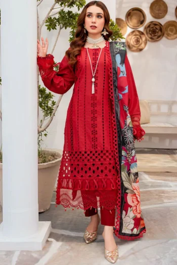 ZAINAB CHOTANI 3PC CHIKENKARI LAWN EMBROIDERED WITH MONARK PRINT DUPATTA GC-4054-RED