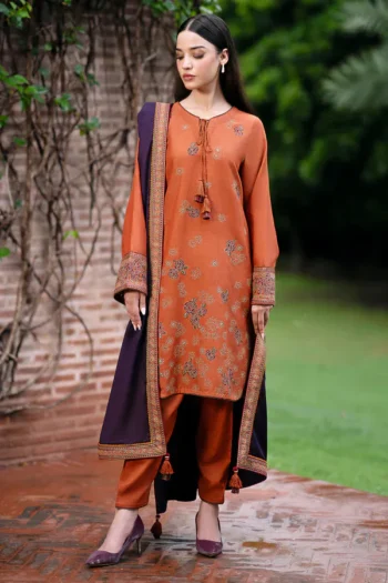 JAZMIN 3PC DHANAK EMBROIDERED SHIRT WITH WOOL PRINT SHAWL AND TROUSER GC-3293
