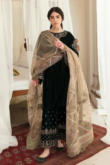 BAROQUE-VELVET 3PC EMBROIDERED WORK SHIRT WITH ORGANZA HEAVY EMBROIDERED DUPATTA GC-D-03- MICRO 9000 VELVET