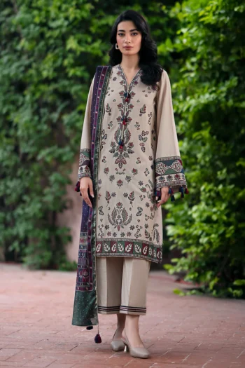 JAZMIN 3PC DHANAK EMBROIDRED SHIRT WITH WOOL PRINT SHAWL AND TROUSER GC-3315