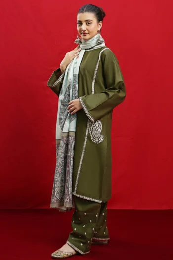 Urge 3PC Dhanak Embroidered Shirt with Twill Print Wool Shawl & Trouser GC-3361