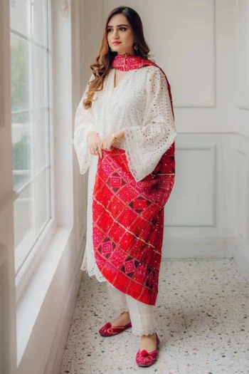 MARIA B 3PC CHIKANKAARI LAWN EMBROIDERED SHIRT WITH CHUNRI PRINT DUPATTA AND TROUSER GC-4051
