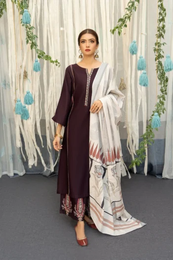 URGE 3PC DHANAK EMBROIDERY SHIRT WITH COUTURE PRINT SHAWL DUPATTA GC-3202
