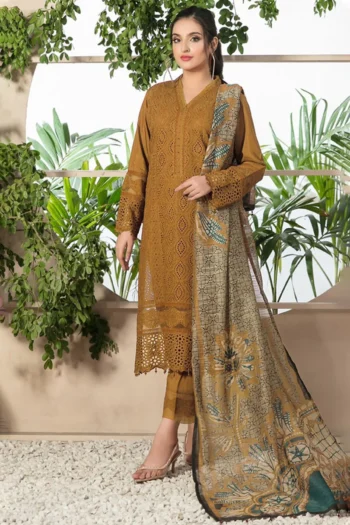 ZAINAB CHOTTANI 3PC CHIKANKAARI LAWN EMBROIDERED SHIRT WITH MONARK PRINT DUPATTA AND TROUSER GC-4052 MUSTERD
