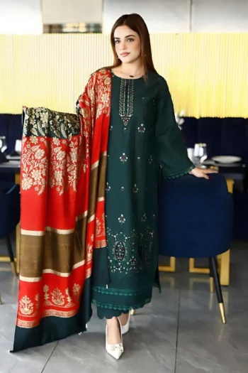 BEUNO 3PC KHADDAR CUTWORK EMBROIDERED SHIRT WITH KASHMIRI JACQUARD WOOL SHAWL GC-1511