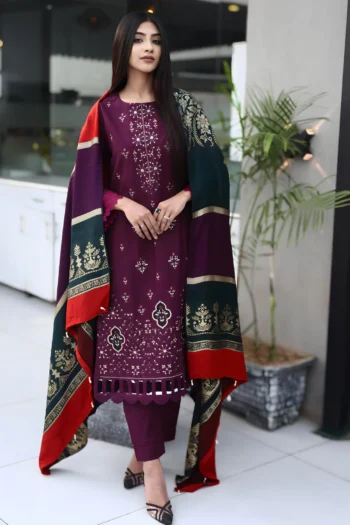BEUNO 3PC KHADDAR CUTWORK EMBROIDERED SHIRT WITH KASHMIRI JACQUARD WOOL SHAWL GC-1515