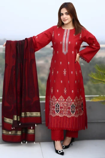 BEUNO 3PC KHADDAR CUTWORK EMBROIDERED SHIRT WITH KASHMIRI JACQUARD WOOL SHAWL GC-1513