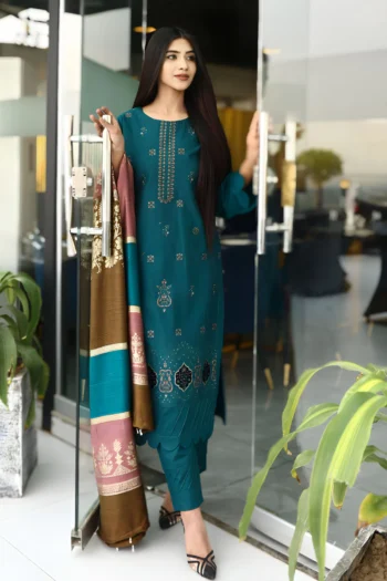 BEUNO 3PC KHADDAR CUTWORK EMBROIDERED SHIRT WITH KASHMIRI JACQUARD WOOL SHAWL GC-1516