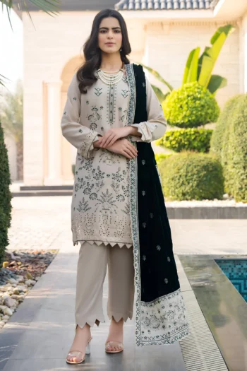 BEUNO 3PC DHANAK EMBROIDERED SHIRT WITH VELVET EMBROIDERED READY TO WEAR SHAWL GC-1520