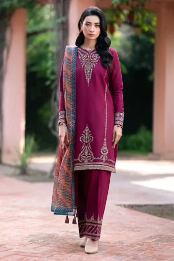 JAZMIN 3PC DHANAK EMBROIDERED SHIRT WITH WOOL PRINTED SHAWL & TROUSER GC-3396