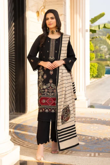 BEUNO 3PC DHANAK EMBROIDERED SHIRT WITH HEAVY CUTWORK EMBROIDERED JACQUARD WOOL SHAWL GC-1521