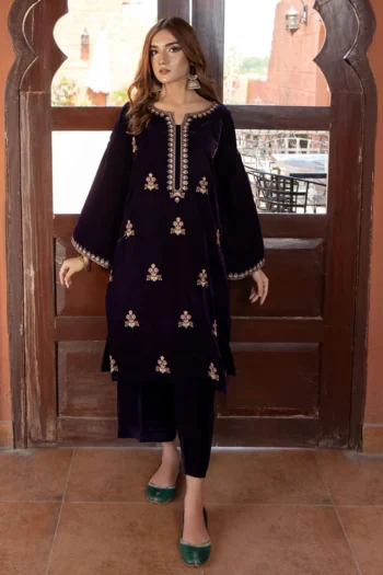 URGE 2PC VELVET HEAVT EMBROIDERED SHIRT WITH VELEVT EMBROIDERED SLEEVES & VELVET TROUSER GC-D22 MICROO 9000