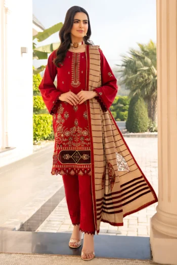 BEUNO 3PC DHANAK CUTWORK EMBROIDERED SHIRT WITH HEAVY CUTWORK EMBROIDERED JACQUARD WOOL SHAWL GC-1524