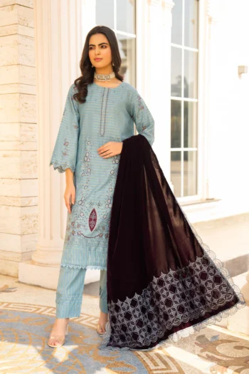 BEUNO 3PC KHADDAR EMBROIDERED SHIRT WITH VELVET EMBROIDERED READY TO WEAR SHAWL GC-1522
