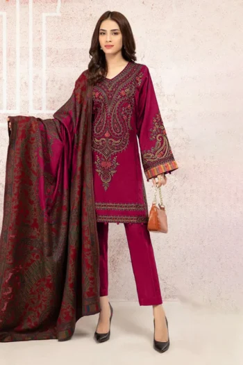 MARIA B 3PC KHADDAR EMBROIDRED SHIRT WITH WOOL PRINT SHAWL AND TROUSER GC-3268 A