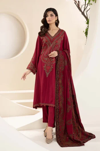 MARIA B 3PC KHADDAR EMBROIDRED SHIRT WITH WOOL PRINT SHAWL AND TROUSER GC-3268 B