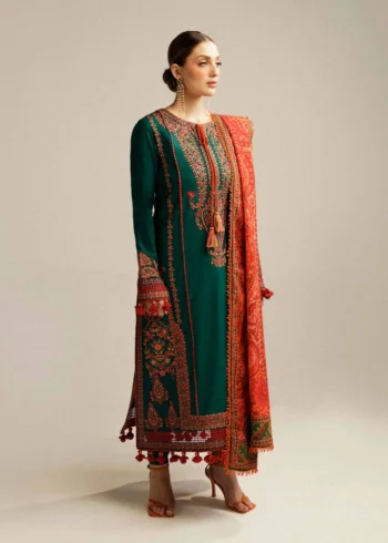 HUSSAIN REHAR 3PC DHANAK EMBROIDERED SHIRT WITH COURTRAI PRINTED SHAWL AND TROUSER GC-